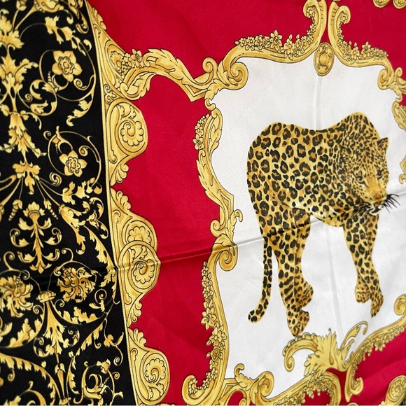 Vintage Made in Italy Leopard Print Scarf | Red Black Gold Baroque Square - Picture 5 of 7